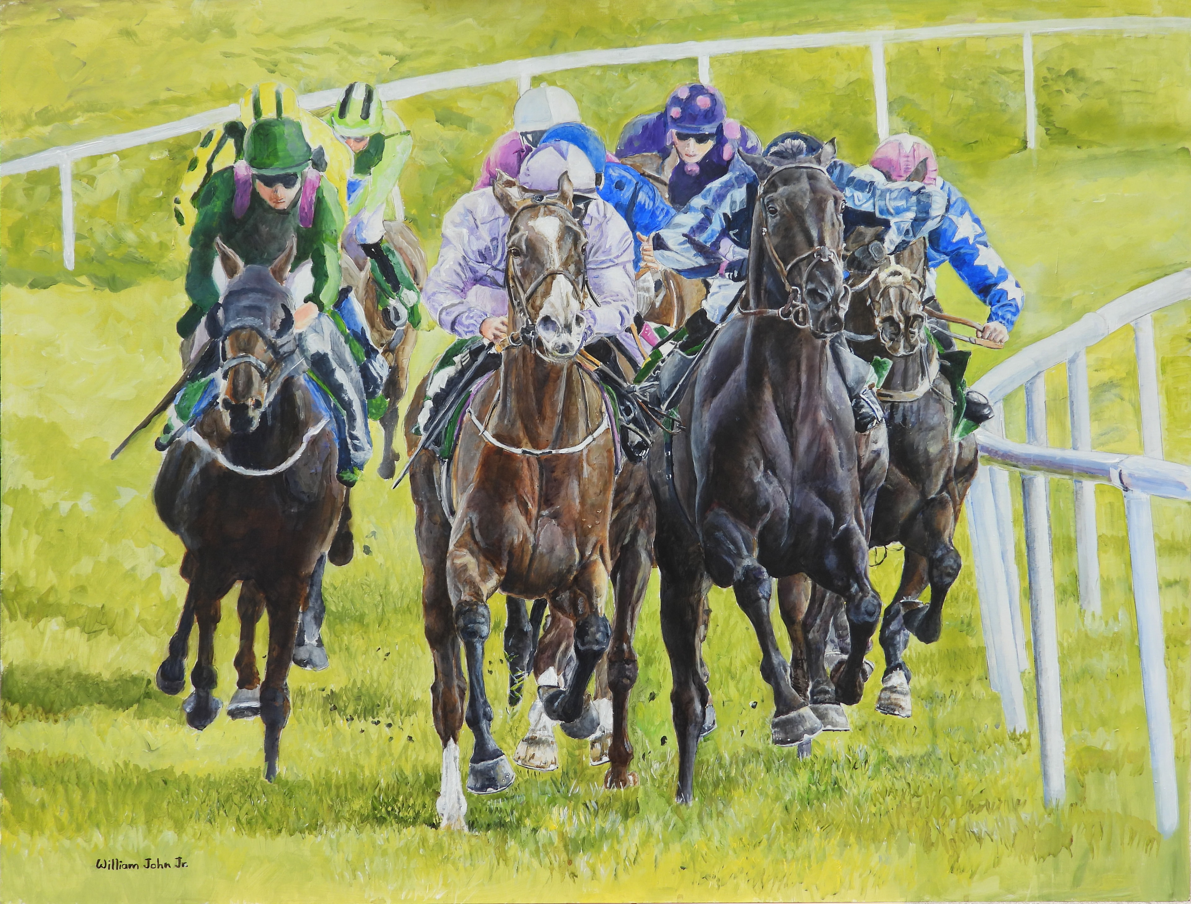 Horse racing jockeys on grass track — painting by William John Jr.