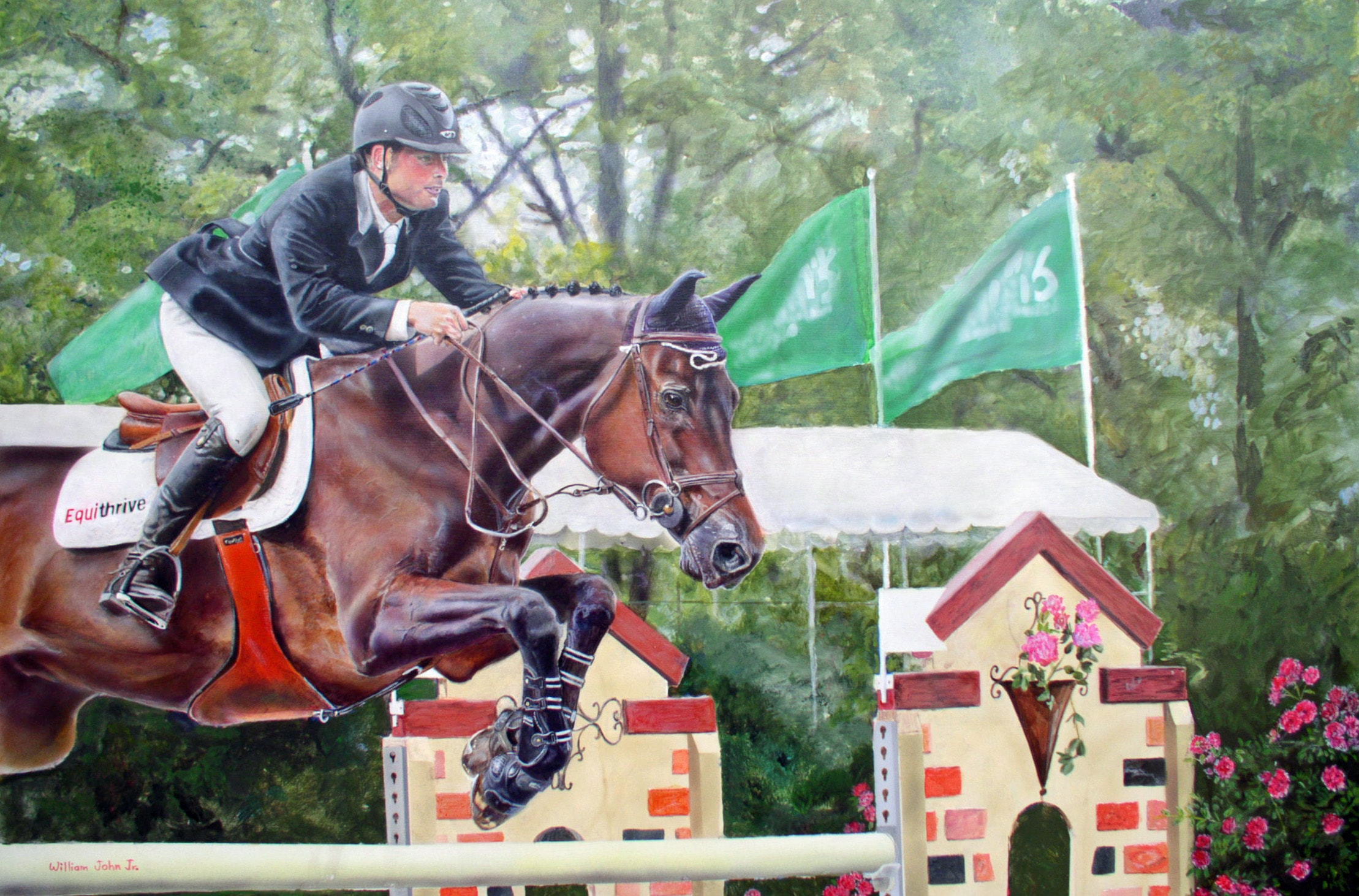 Rider jumping chestnut horse at show — painting by William John Jr.