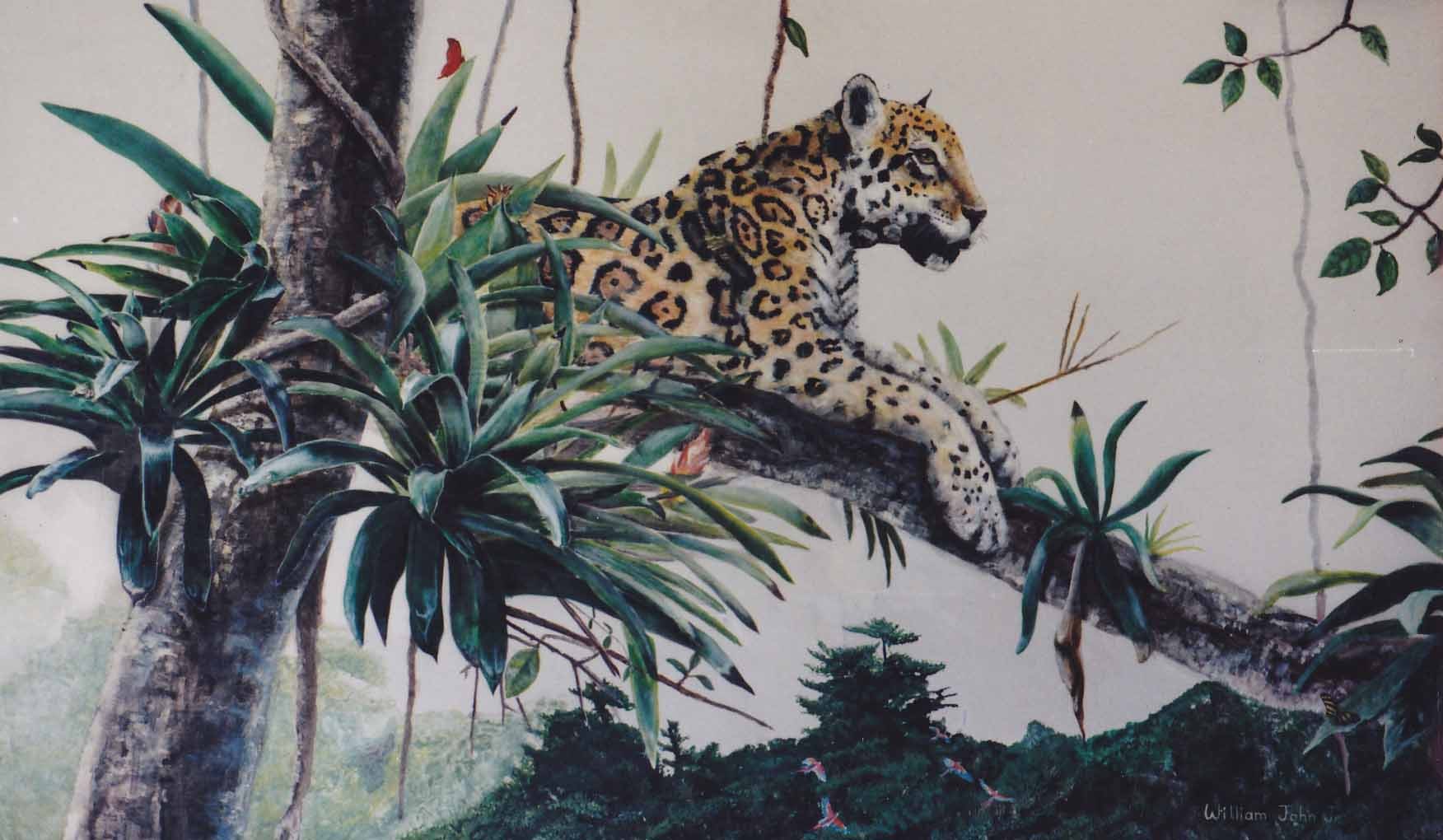 Jaguar resting on jungle tree branch — Prince of the Amazon, painting by William John Jr.
